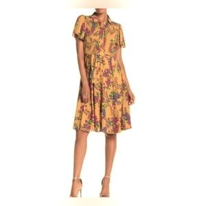 Nanette Lepore Floral Chiffon Button Up Shirtdress w Pintucks & Flutter Sleeves